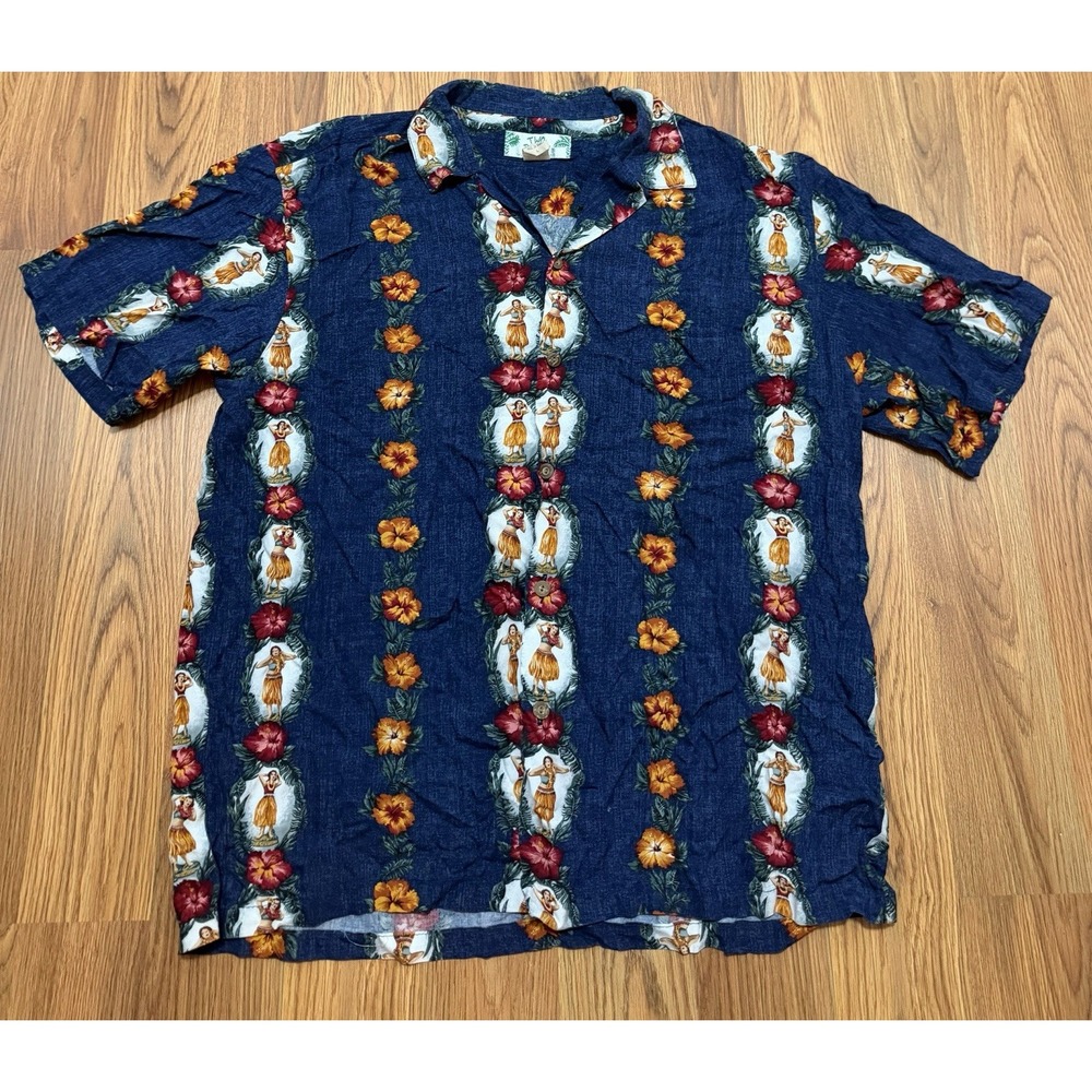 Two Palms Hawaiian Shirt Mens Large Hula Dolls Made In Hawaii Rayon Aloha